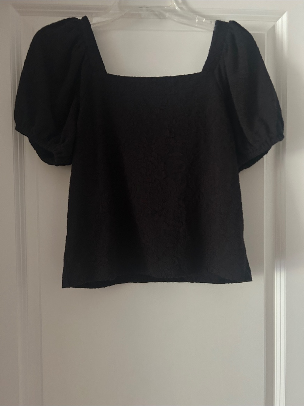 LOFT Black Textured  Puff Sleeve Square Neck Top Small